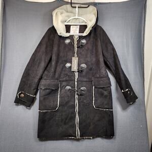 ANGVNS Womens Coat XL Black Hooded Faux Suede Sherpa Zip Toggle Pockets